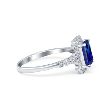 Halo Radiant Cut Wedding Ring Simulated Blue Sapphire CZ 925 Sterling Silver